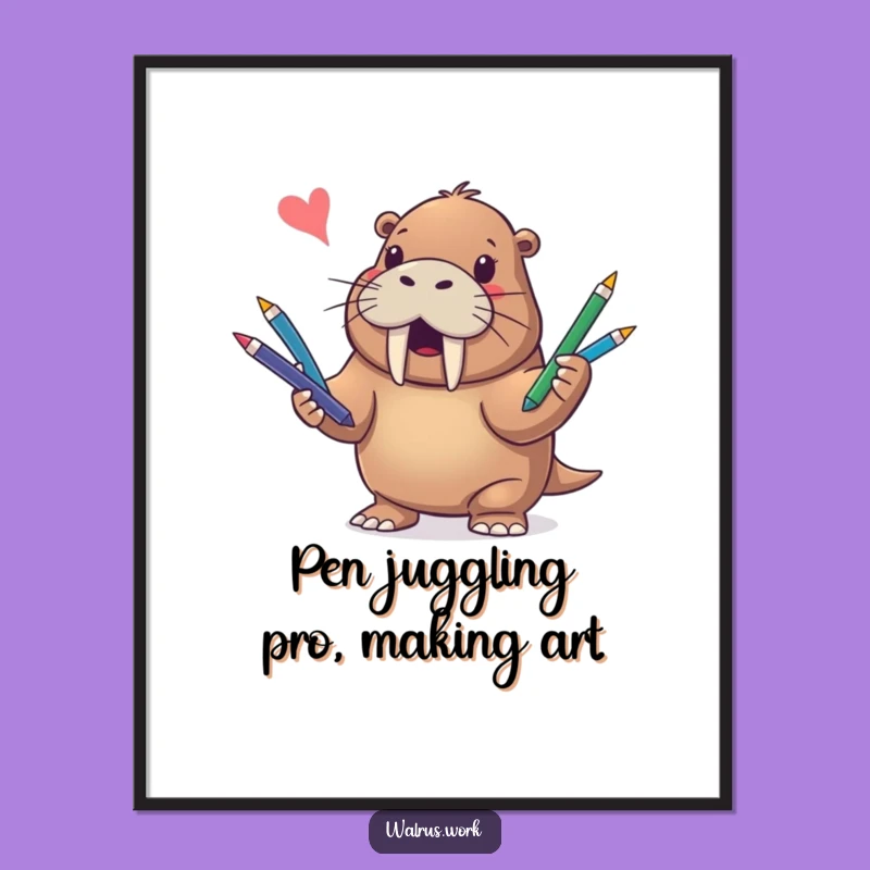 Free Printable Walrus Juggling Pens Wall Art - Funny Downloadable Office Decor