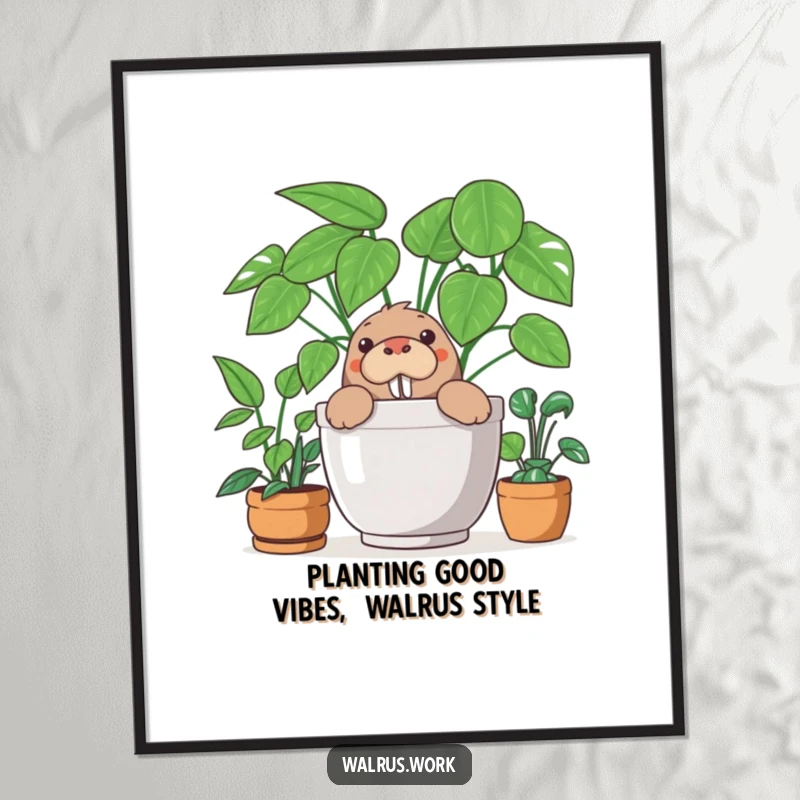 Funny Free Printable Walrus Wall Art: A curious walrus peeking out from behind the leaves of a large potted office plant.