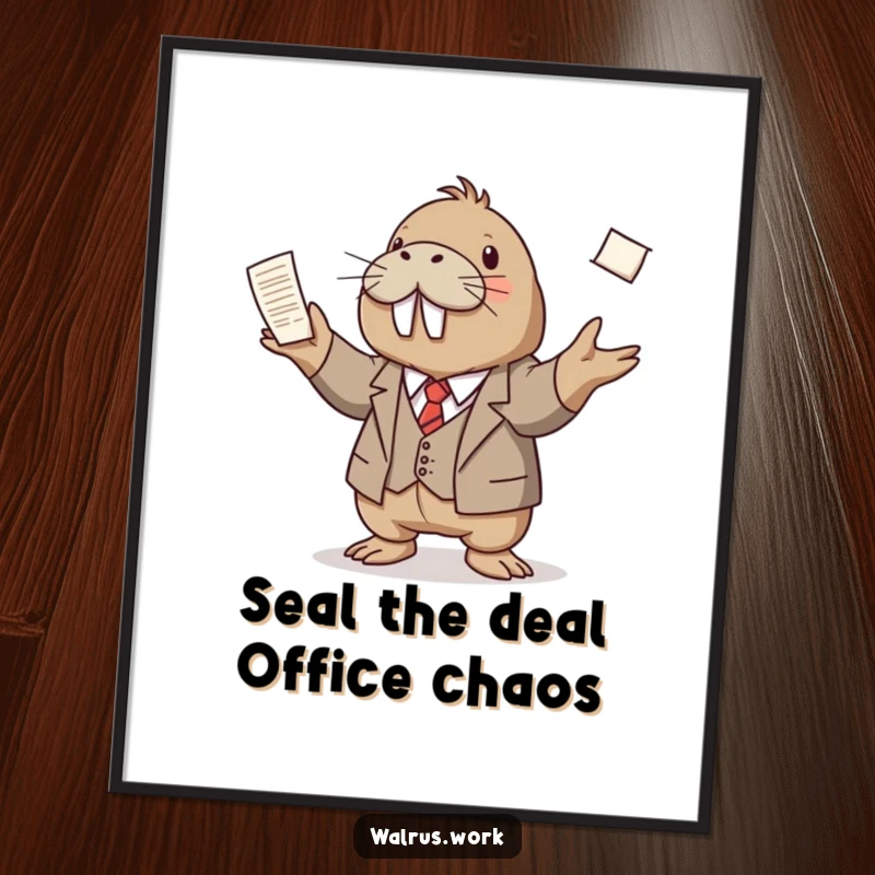 Funny Free Printable Wall Art: A walrus in a tiny suit impressively juggles many papers, bringing office humor home.