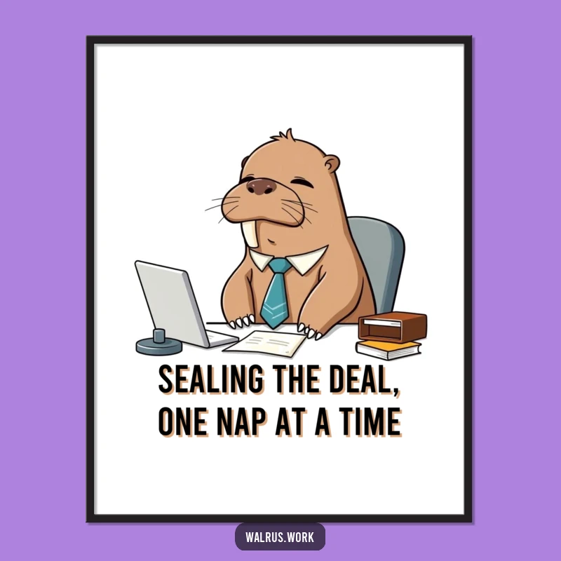 Funny Free Printable Walrus Art: Sleepy Tie Guy Humorous Downloadable Wall Decor