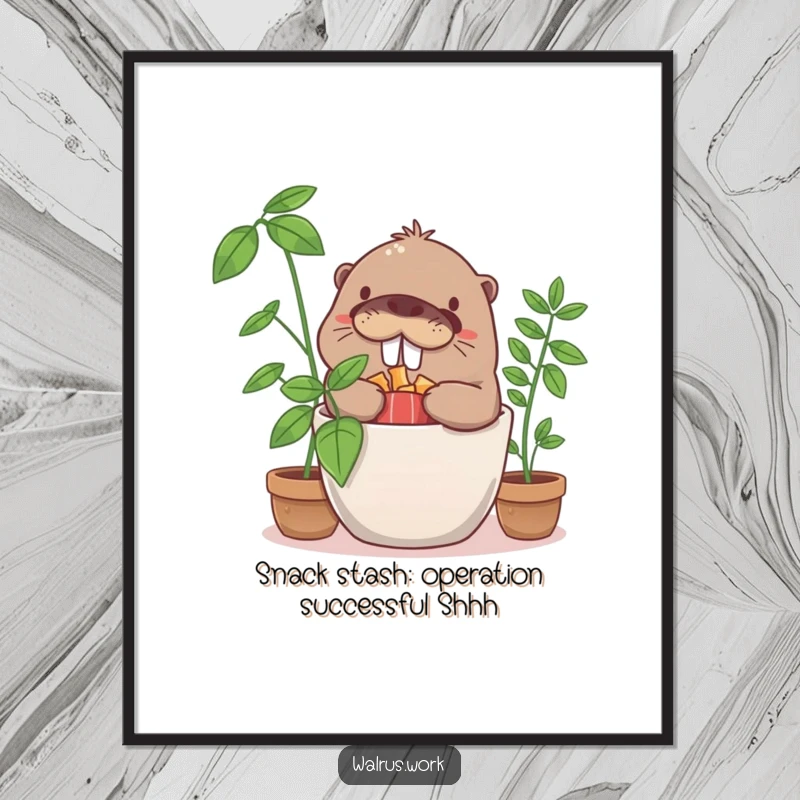 Funny Free Printable Wall Art: A giggling walrus mischievously hides snacks within a potted plant, creating a scene of playful secrecy.