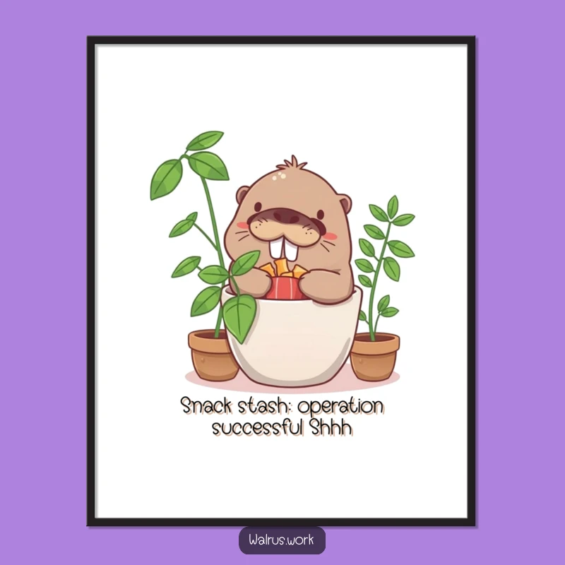 Free Printable Wall Art: Giggling Walrus Snack Stash - Humorous Downloadable Decor