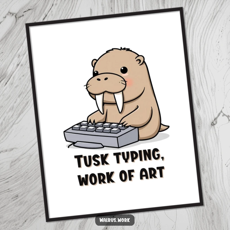 Funny Free Printable Walrus Wall Art showing a walrus comically using its tusks to type on a computer keyboard, great for gamers.