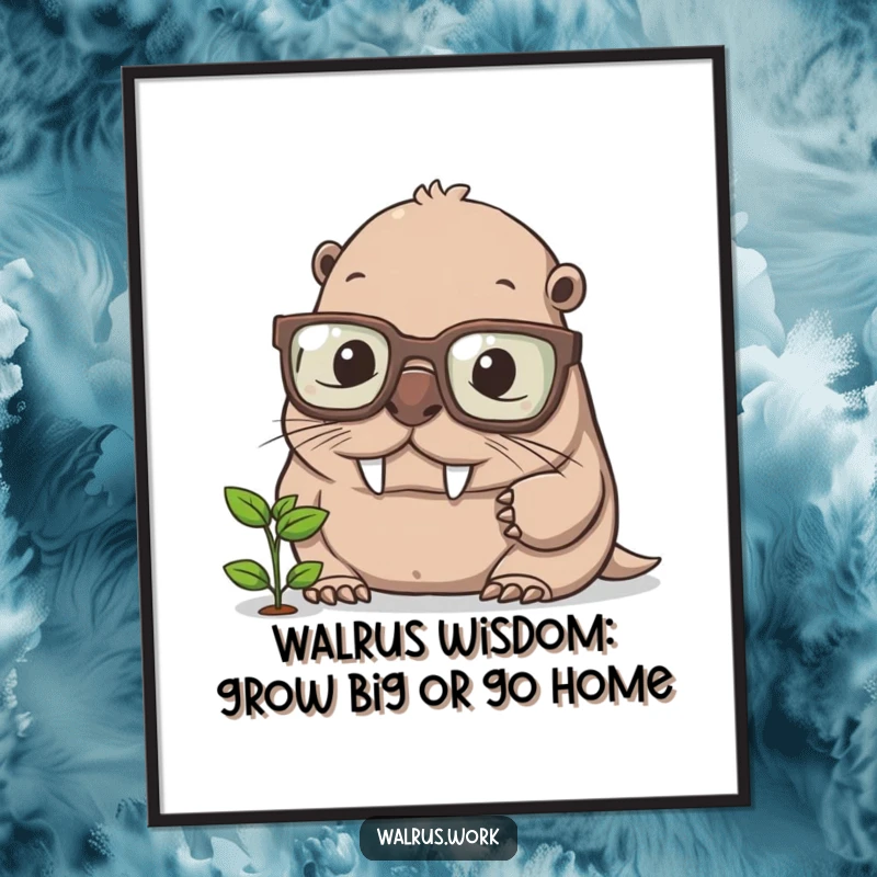Funny Free Printable Wall Art: Walrus wearing huge glasses intently studies a tiny sprout, quirky downloadable office art.