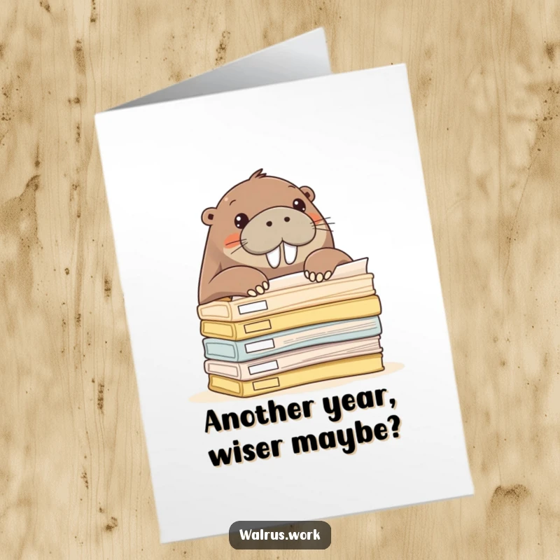 Funny Free Printable Birthday Card: Walrus curiously peeking over a huge stack of office folders.