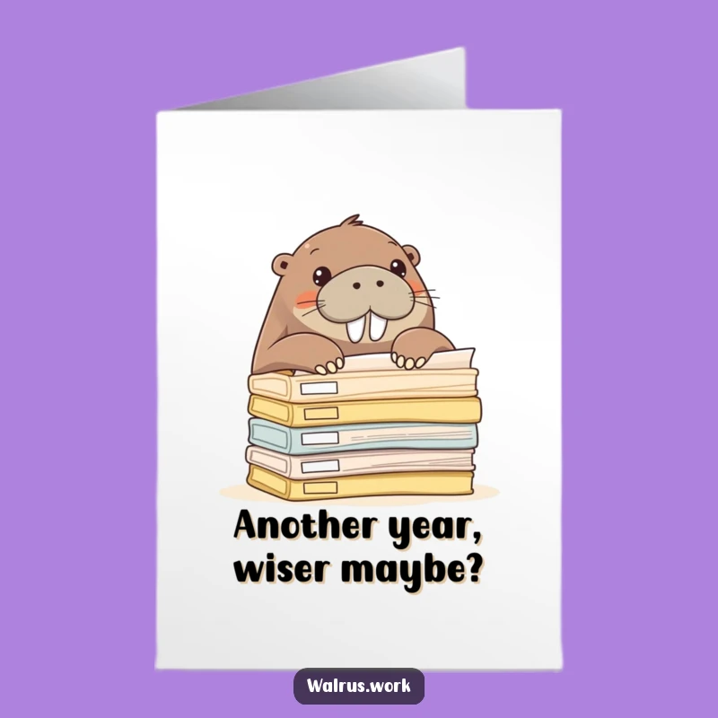 Free Printable Birthday Card: Curious Walrus Over Files, Funny Downloadable Gift Idea