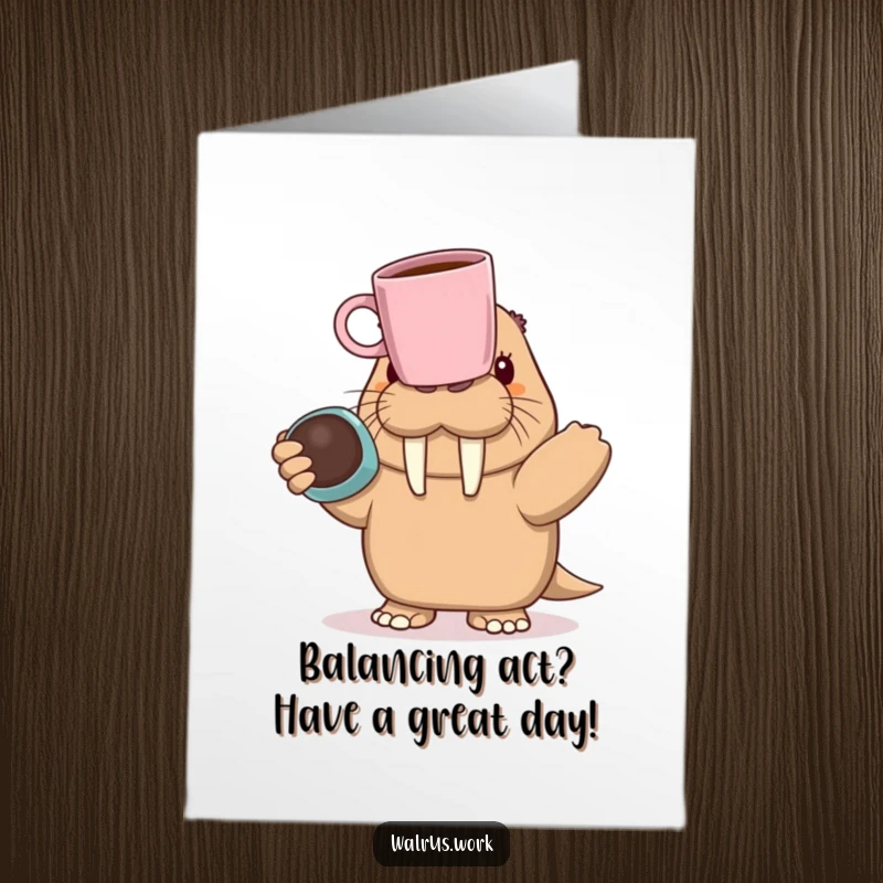 Funny Free Printable Birthday Card: A determined walrus attempts to balance a coffee mug precariously on its nose, a comical circus act.