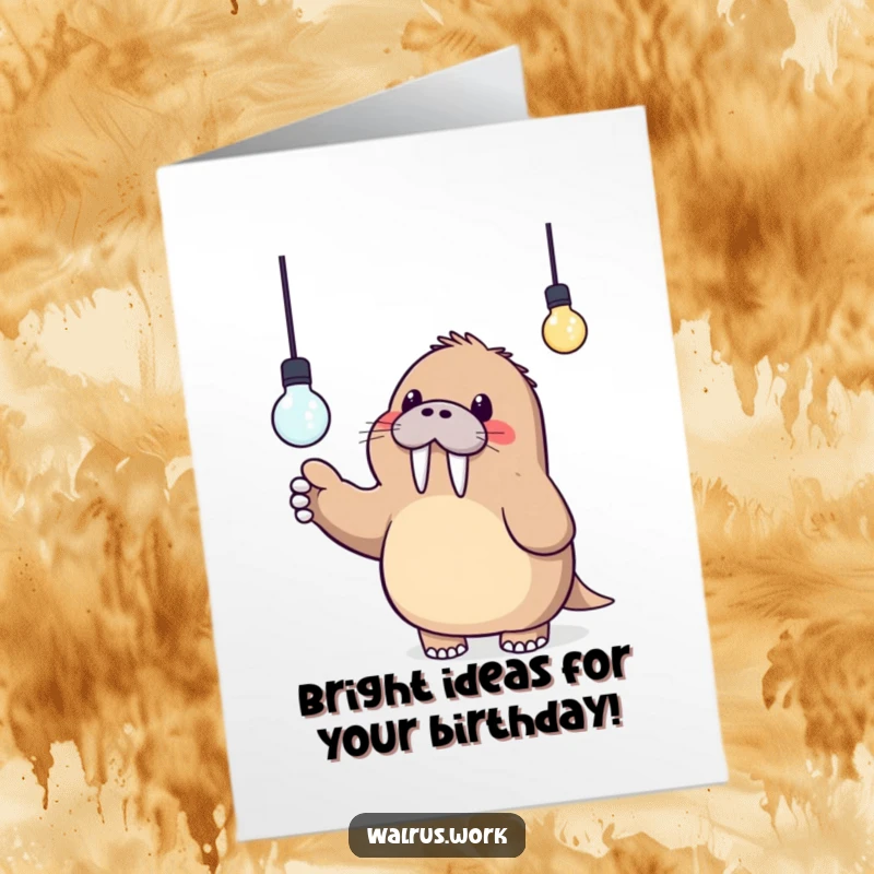 Funny Free Printable Birthday Card: A kawaii walrus excitedly points at a glowing lightbulb, symbolizing a brilliant idea.