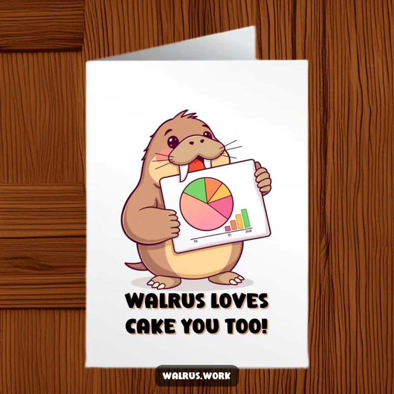 Funny Free Printable Birthday Card: Smirking walrus confidently presents a pie chart, ready to celebrate.