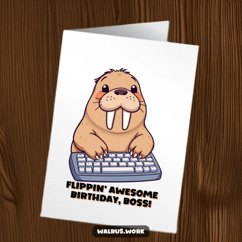 Funny Free Printable Birthday Card: A walrus hilariously typing on a keyboard with oversized flippers, perfect for a laugh.