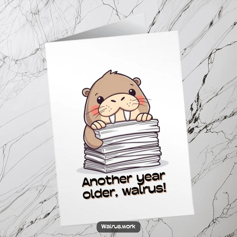Funny Free Printable Birthday Card: A walrus peeking humorously from behind a large stack of office papers, office humor, downloadable.