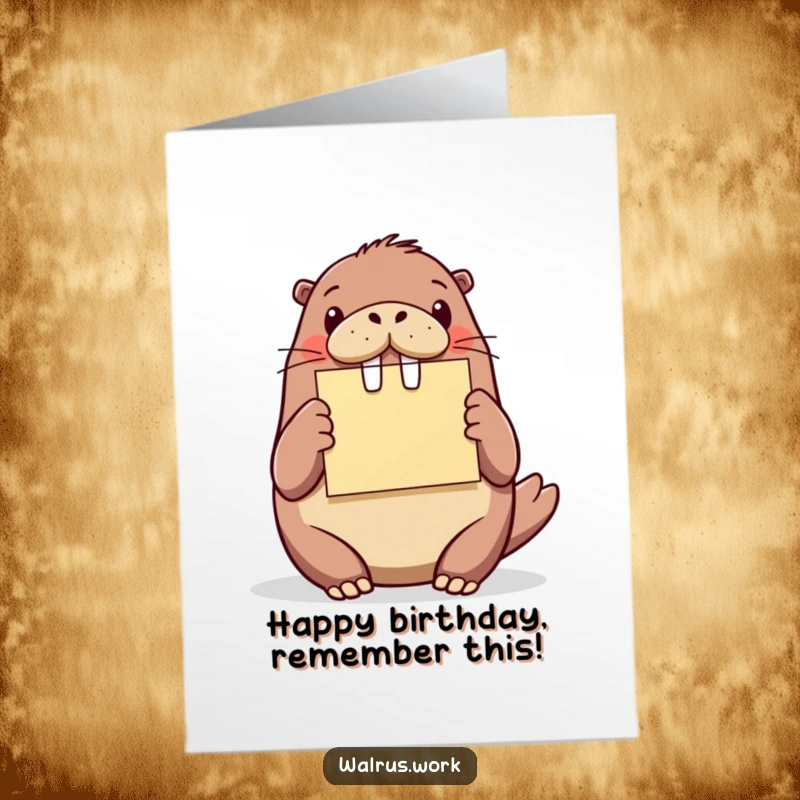 Funny Free Printable Birthday Card: Walrus excitedly holding a bright sticky note, a cheerful downloadable gift.