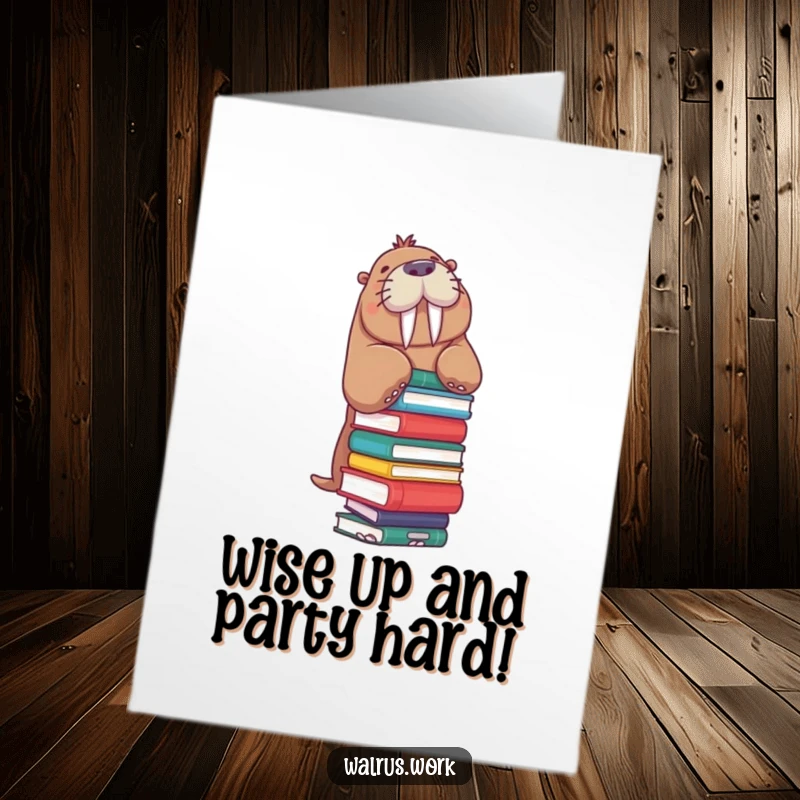 Funny Free Printable Birthday Card: A walrus precariously balances a tall stack of books, looking studious.
