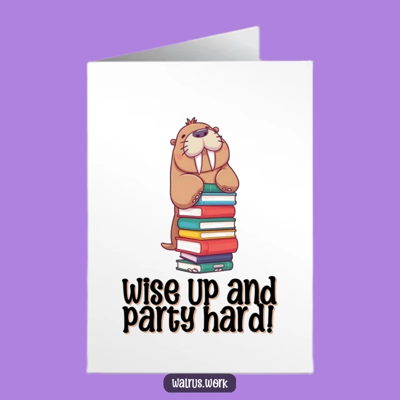 Free Printable Birthday Card: Funny Walrus Book Stack Gift, Downloadable & Print at Home