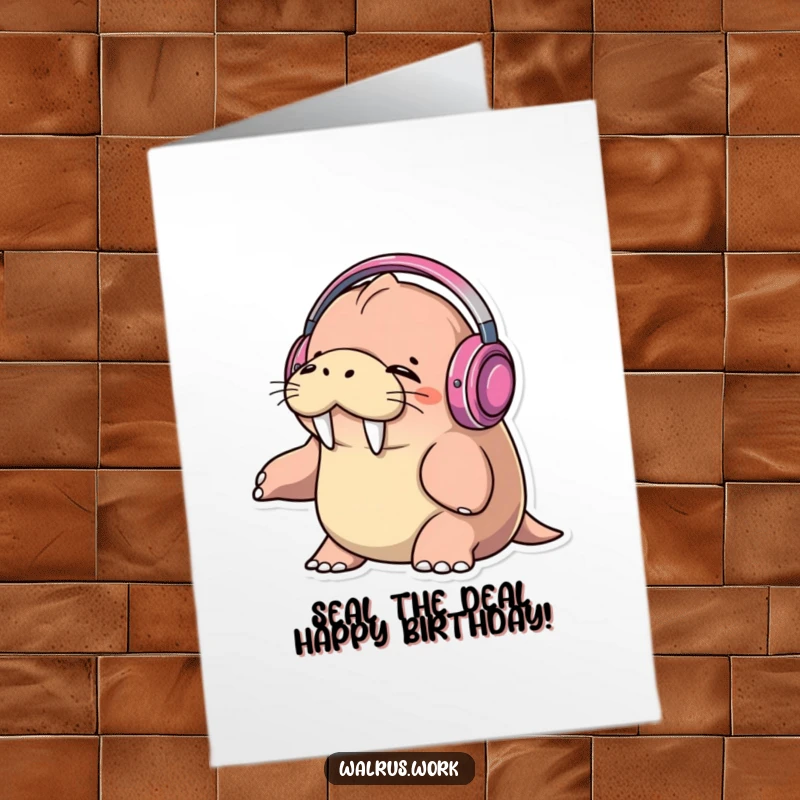 Funny Free Printable Birthday Card: Walrus DJ with headphones, eyes closed, bopping to music, spreading birthday cheer.