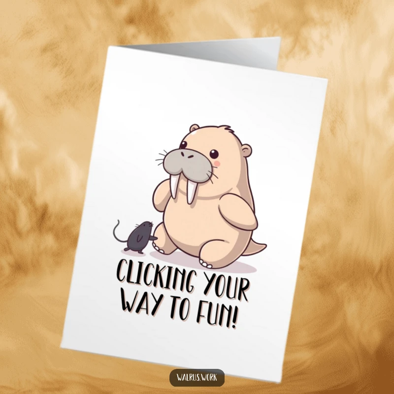 Funny Free Printable Birthday Card: A playful walrus adorably chases a computer mouse pointer across a screen.
