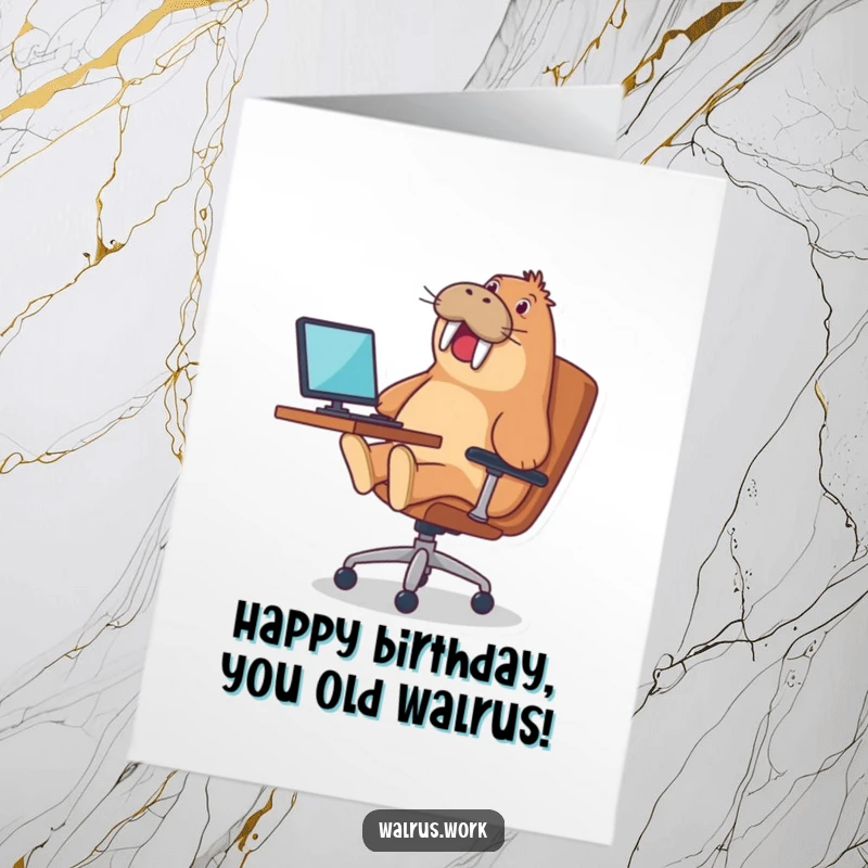 Funny free printable birthday card: a walrus gleefully riding an office chair as if it were a race car.