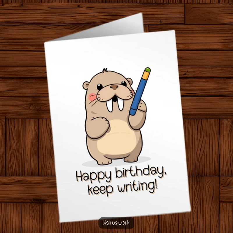 Funny free printable birthday card: a walrus playfully batting at a dangling pen with a mischievous glint in its eye.