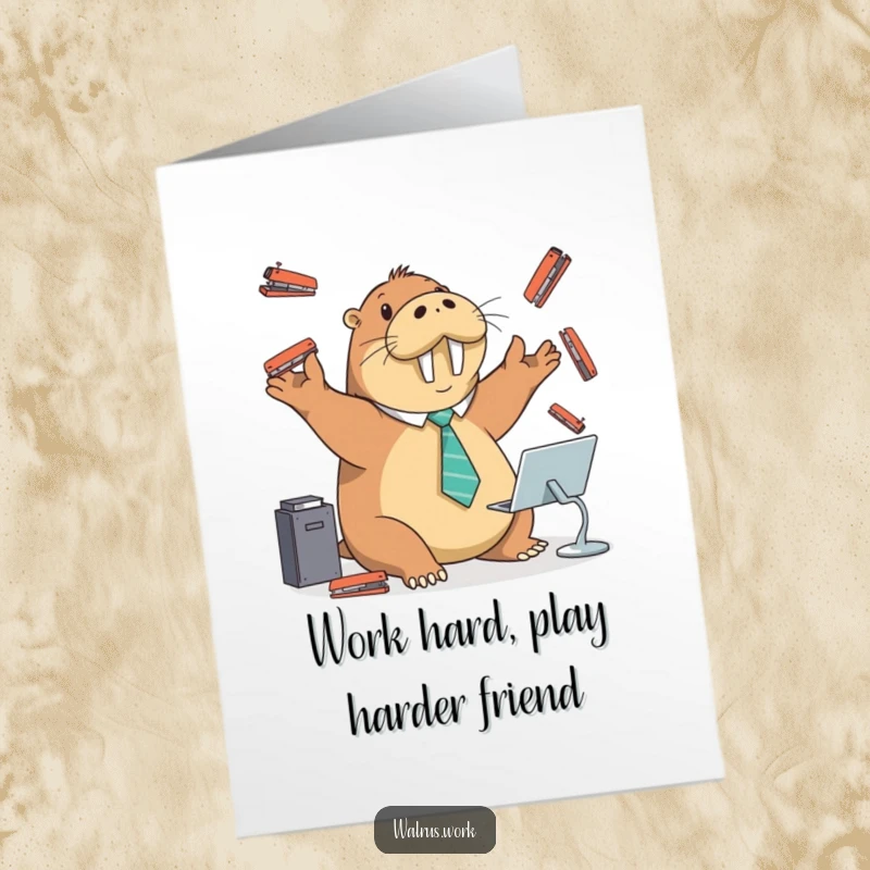 Funny Free Printable Birthday Card: Walrus in Tiny Tie Playfully Juggling Staplers at a Desk