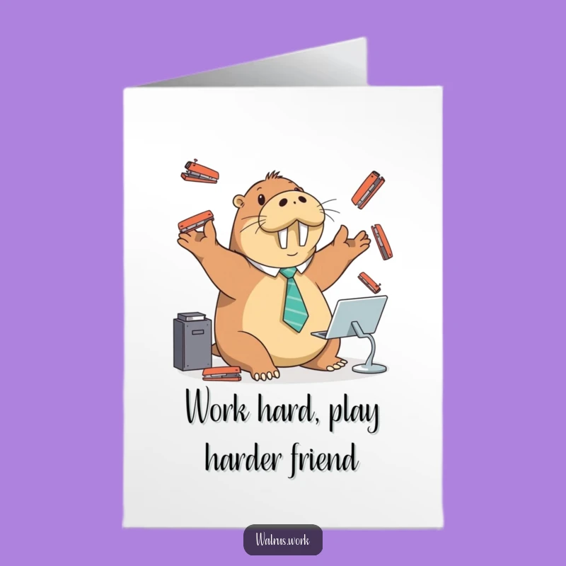 Free Printable Birthday Card: Juggling Walrus, Funny Office Chaos Downloadable Gift