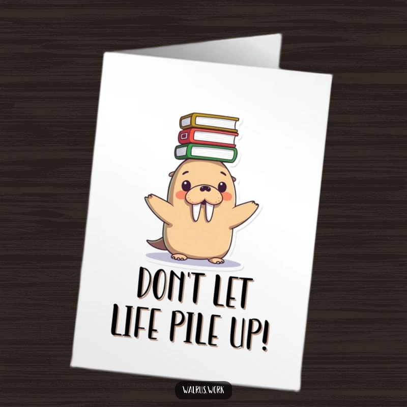 Funny Free Printable Birthday Card: A kawaii walrus comically balances a tall stack of files on its head, looking stressed.