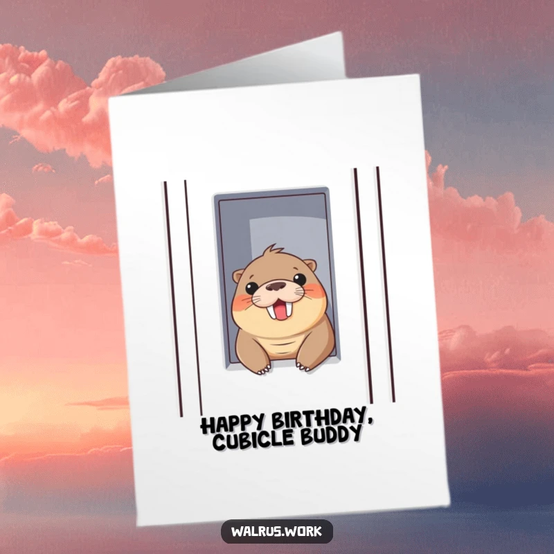 Funny Free Printable Birthday Card: Walrus Playfully Peeking Out of Cubicle, Cheerful Surprise Humor