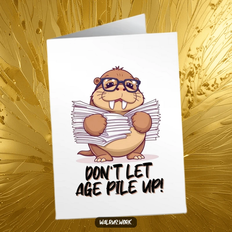 Funny Free Printable Birthday Card: A walrus with glasses comically struggles with a huge paper stack, needing a break.