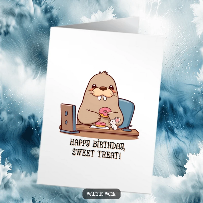 Funny Free Printable Birthday Card: A beaming walrus happily shares a donut with a tiny mouse while seated at a desk.