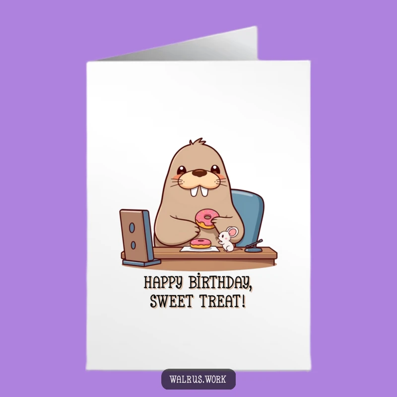Free Printable Birthday Card: Walrus & Mouse Share Donut, Sweet Celebration