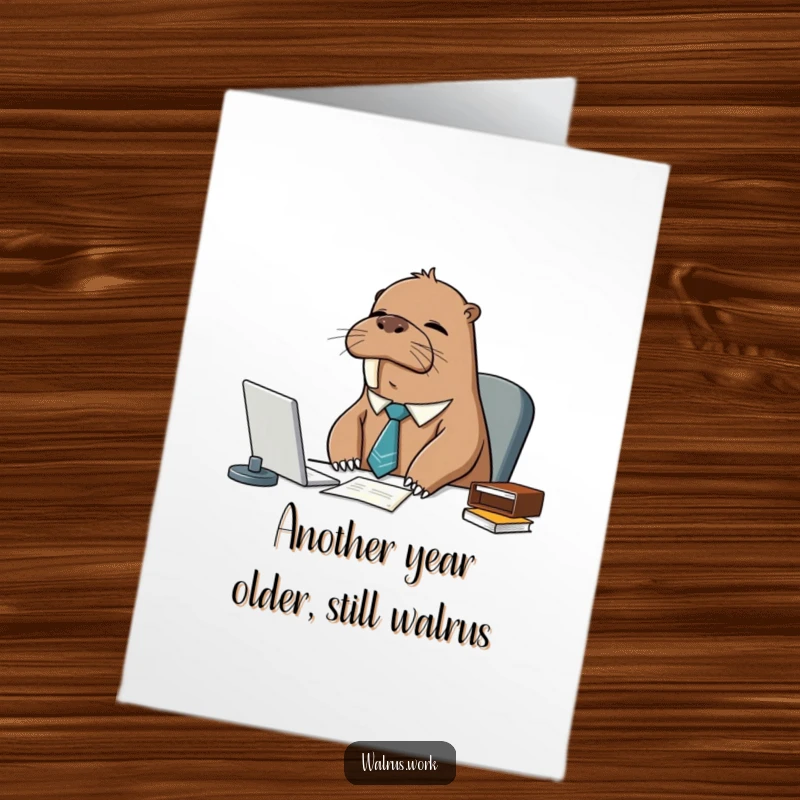 Funny Free Printable birthday card featuring a sleepy walrus in a tie struggling to stay awake at his desk.
