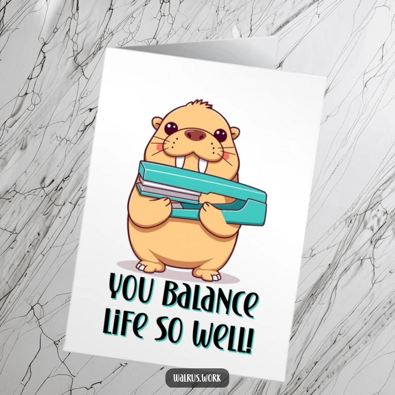 Funny Free Printable Birthday Card: A proud walrus perfectly balancing a stapler on its nose, ready to celebrate a birthday.