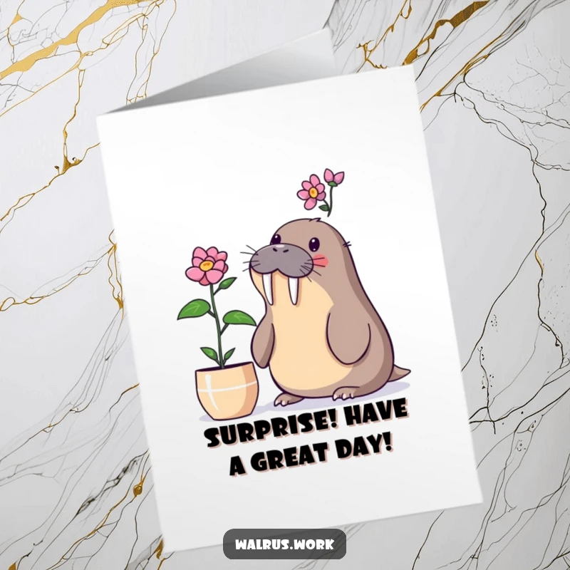 Funny Free Printable Birthday Card: A walrus looking shocked at a blooming desk plant, perfect for a surprising birthday wish, 'Print at Home' ready.