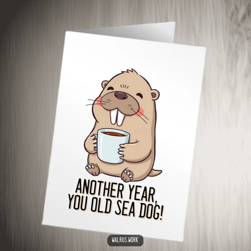 Funny Free Printable Walrus Birthday Card: A contented walrus sips coffee, radiating joy. Perfect for a downloadable DIY greeting.