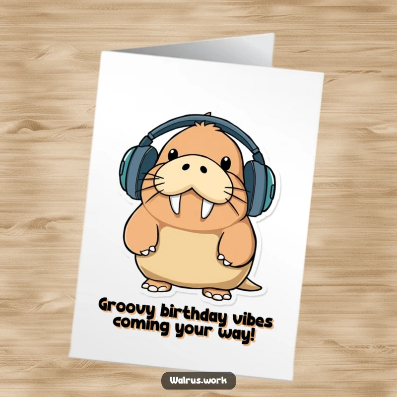 Funny Free Printable Birthday Card: A walrus struggles comically to wear enormous headphones, its expression a mix of effort and confusion.