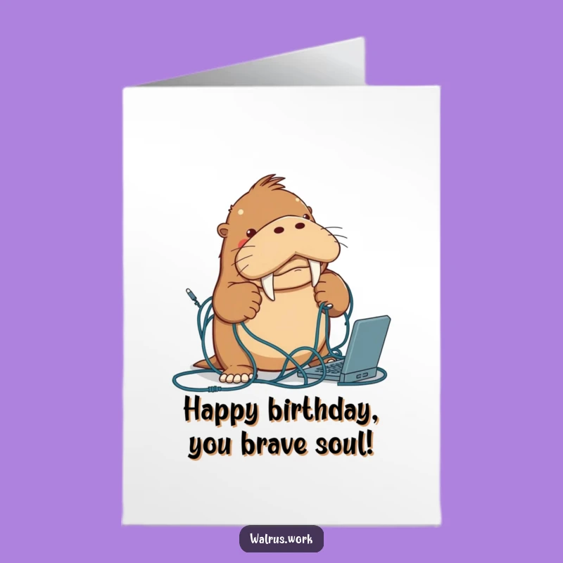 Funny Free Printable Birthday Card: Walrus Tangled in Cables for Techie Celebrations