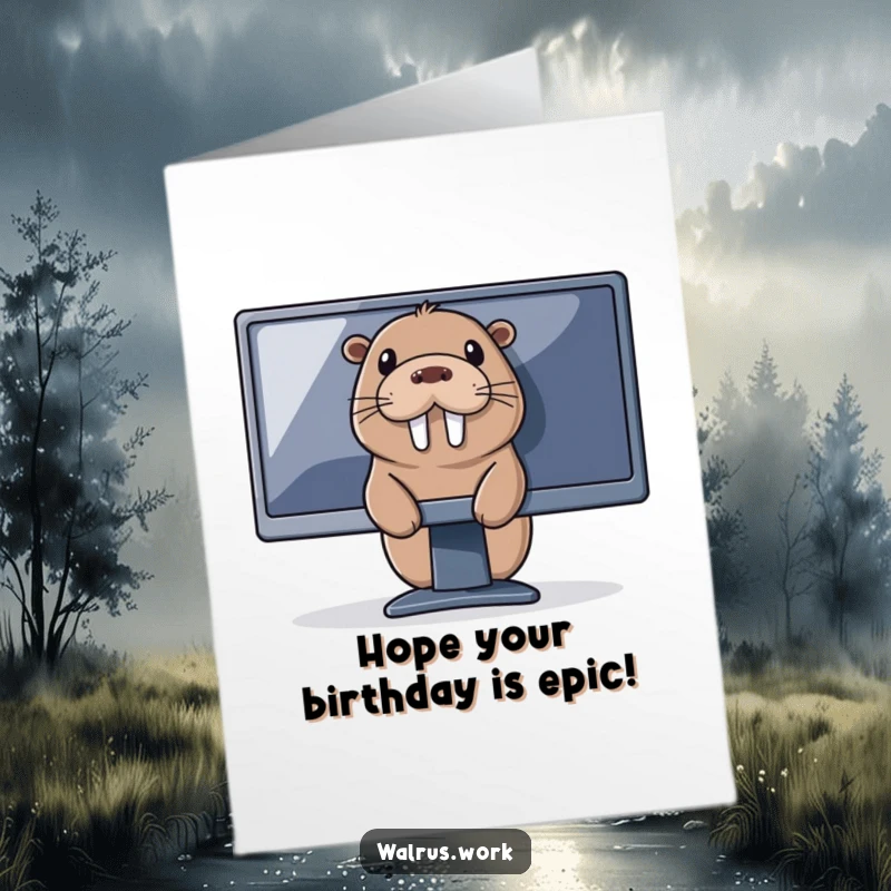 Funny free printable birthday card: a curious walrus peeks from behind a large computer monitor, ready to celebrate digitally.