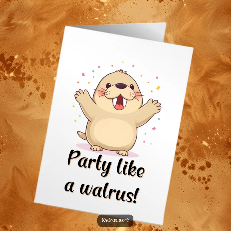 Funny Free Printable Birthday Card: A happy walrus cheering amidst falling confetti, ready to wish a fantastic birthday, 'Print at Home' version.