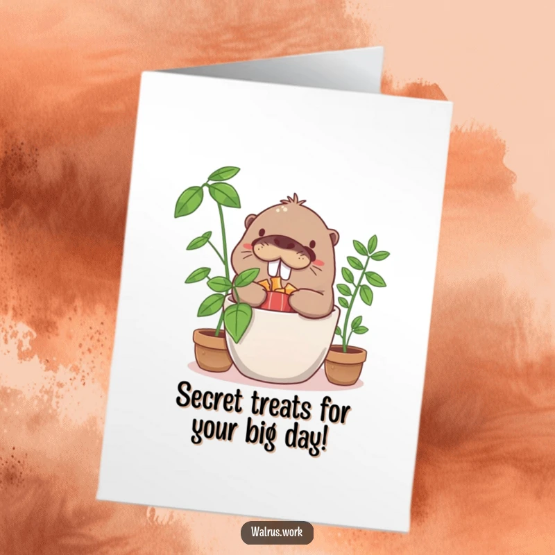 Funny Free Printable Birthday Card: A giggling walrus secretly stashes snacks in a potted plant, caught in a moment of playful mischief.