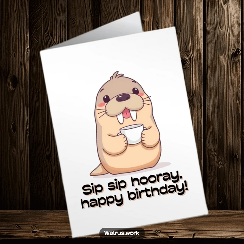 Funny Free Printable Walrus Birthday Card: Playful walrus balances teacup on snout, looking elegant and happy.