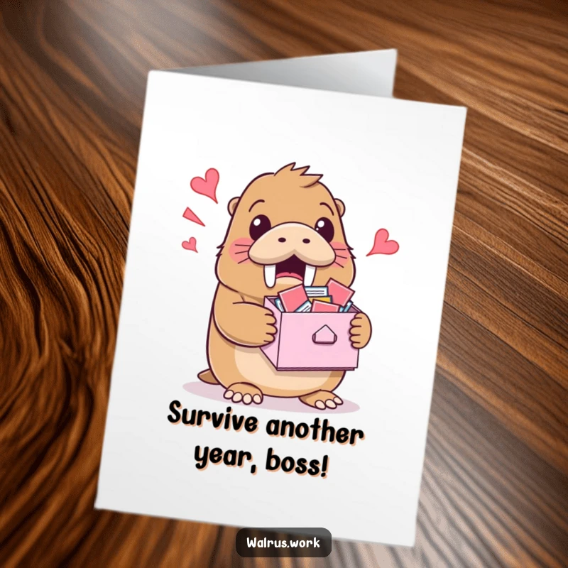 Funny Free Printable Birthday Card: A walrus grins in surprise holding a massive pile of overflowing inbox emails, ready for birthday wishes.