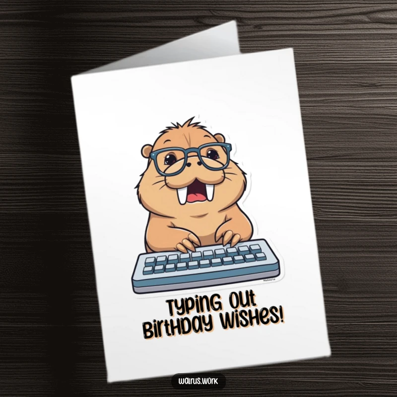 Funny Free Printable Birthday Card: A walrus wearing glasses excitedly types on a keyboard, celebrating.