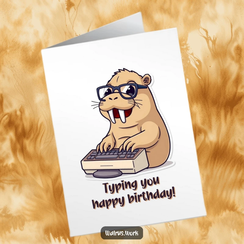 Funny free printable birthday card: a bespectacled walrus enthusiastically types on a keyboard, celebrating with digital flair.
