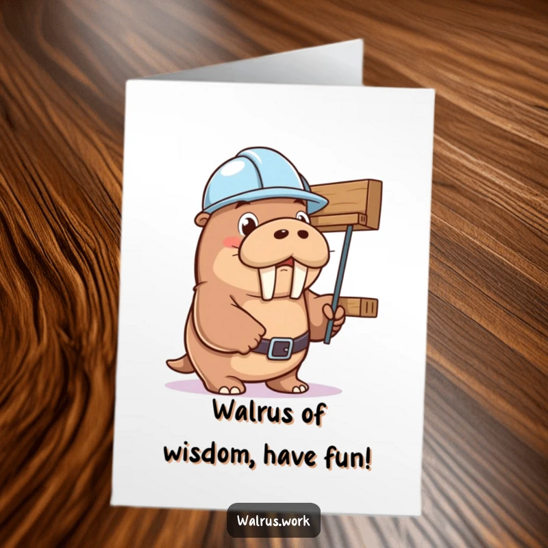 Funny Free Printable Birthday Card: Walrus in hard hat hilariously holding up a precarious shelf.