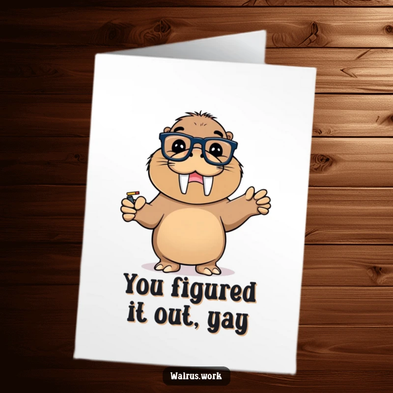 Funny Free Printable Birthday Card: Cute Walrus with Glasses Points at Whiteboard Triumphantly