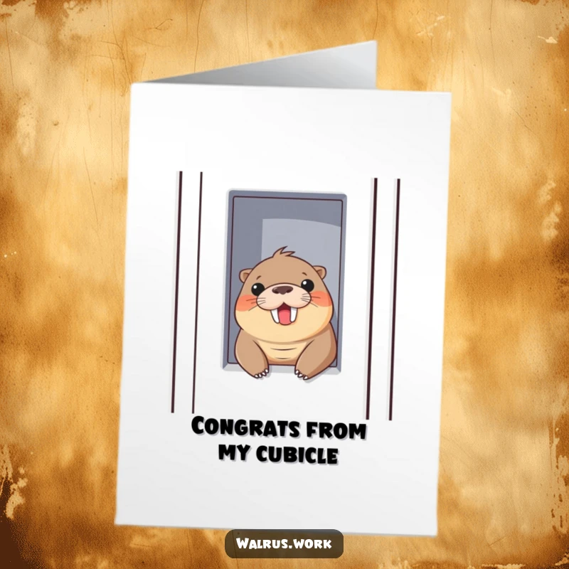 Funny Free Printable Congratulations Card: Walrus Playfully Peeking Out of Cubicle Wall, Cheerful Office Success Art