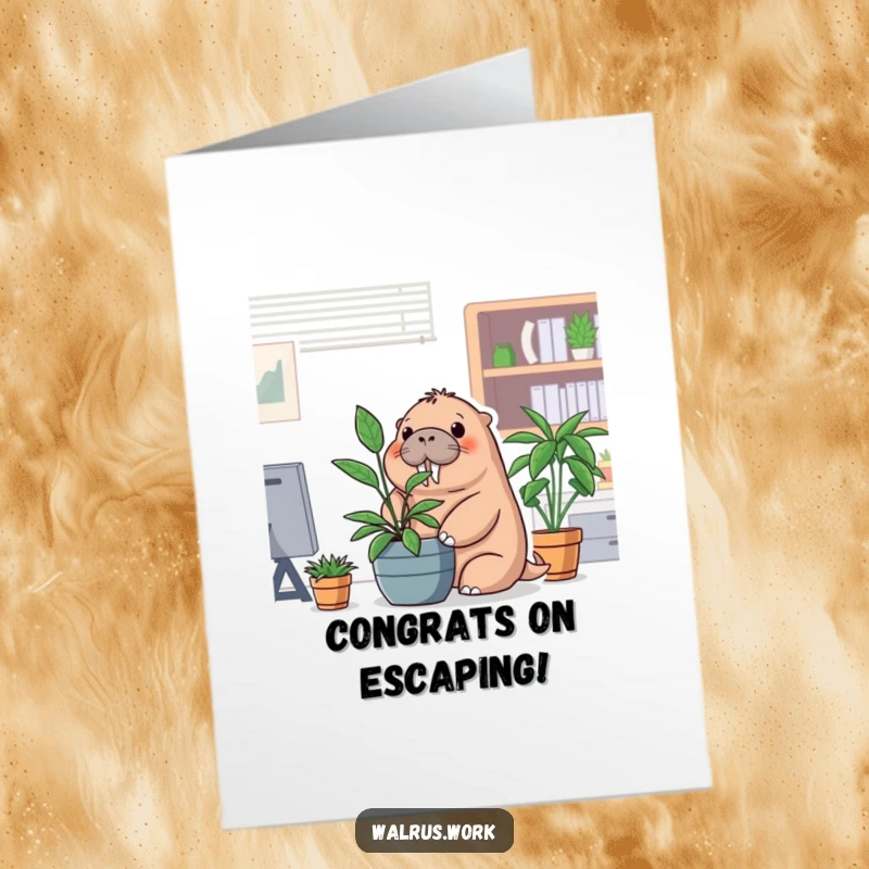 Funny Free Printable Congrats Card: A walrus peeks mischievously from behind an office plant, celebrating milestones.