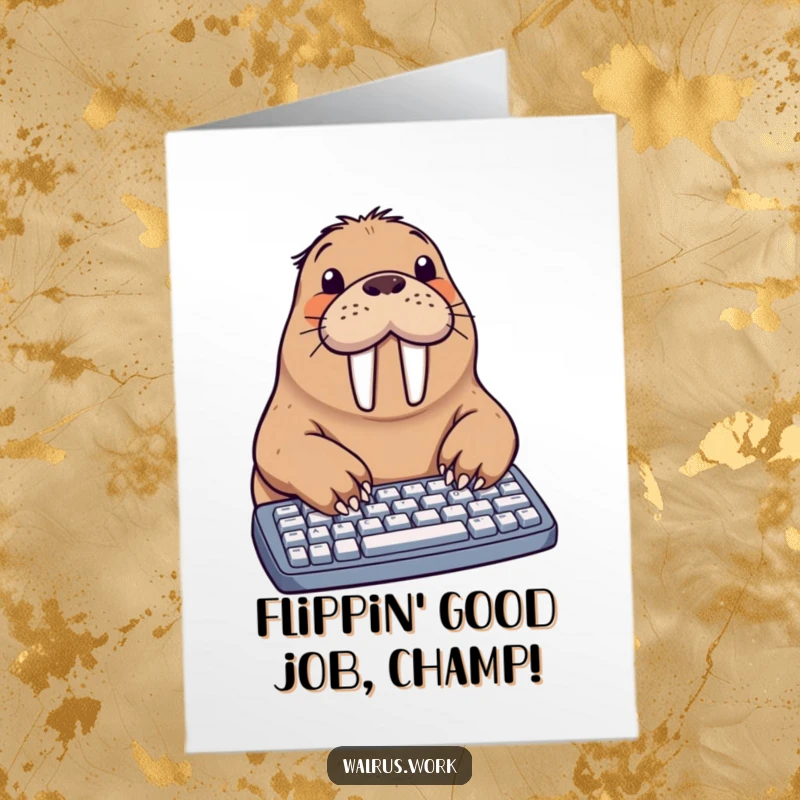 Funny Free Printable Congratulations Card: A walrus enthusiastically typing with flippers, celebrating a big achievement with humor.