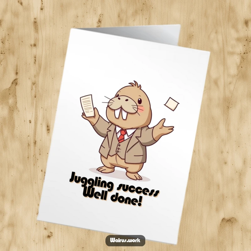 Funny Free Printable Congratulations Card: A walrus in a tiny suit expertly juggles many papers, celebrating a big win.