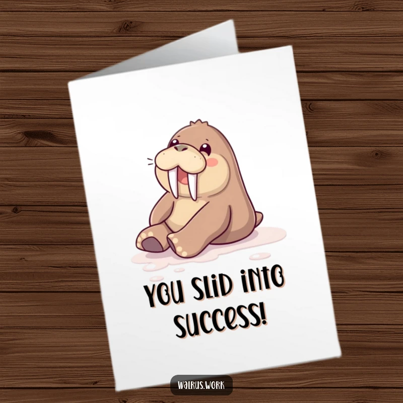 Funny Free Printable Congratulations Card: A happy walrus slides with excitement across a polished floor, celebrating big wins.