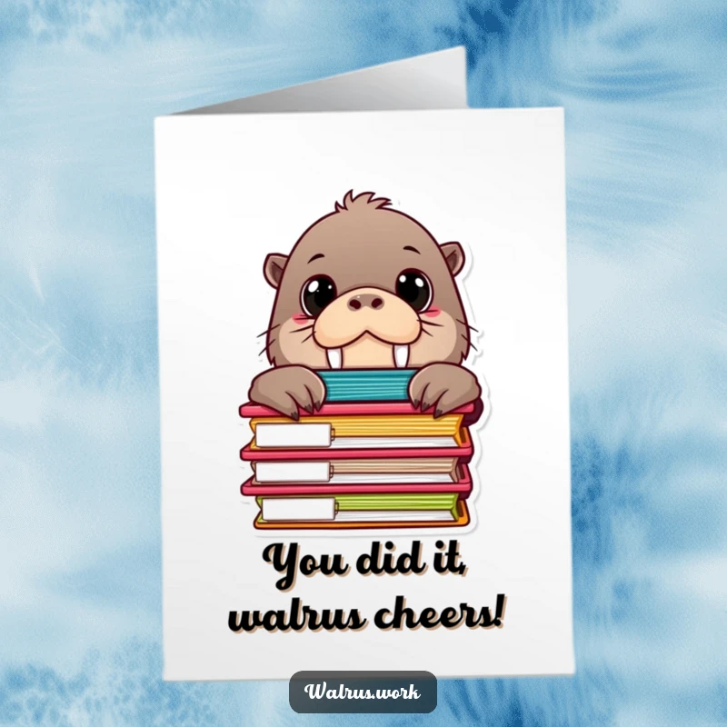Funny Free Printable Congratulations Card: Curious walrus peeking over a stack of colorful office file folders.